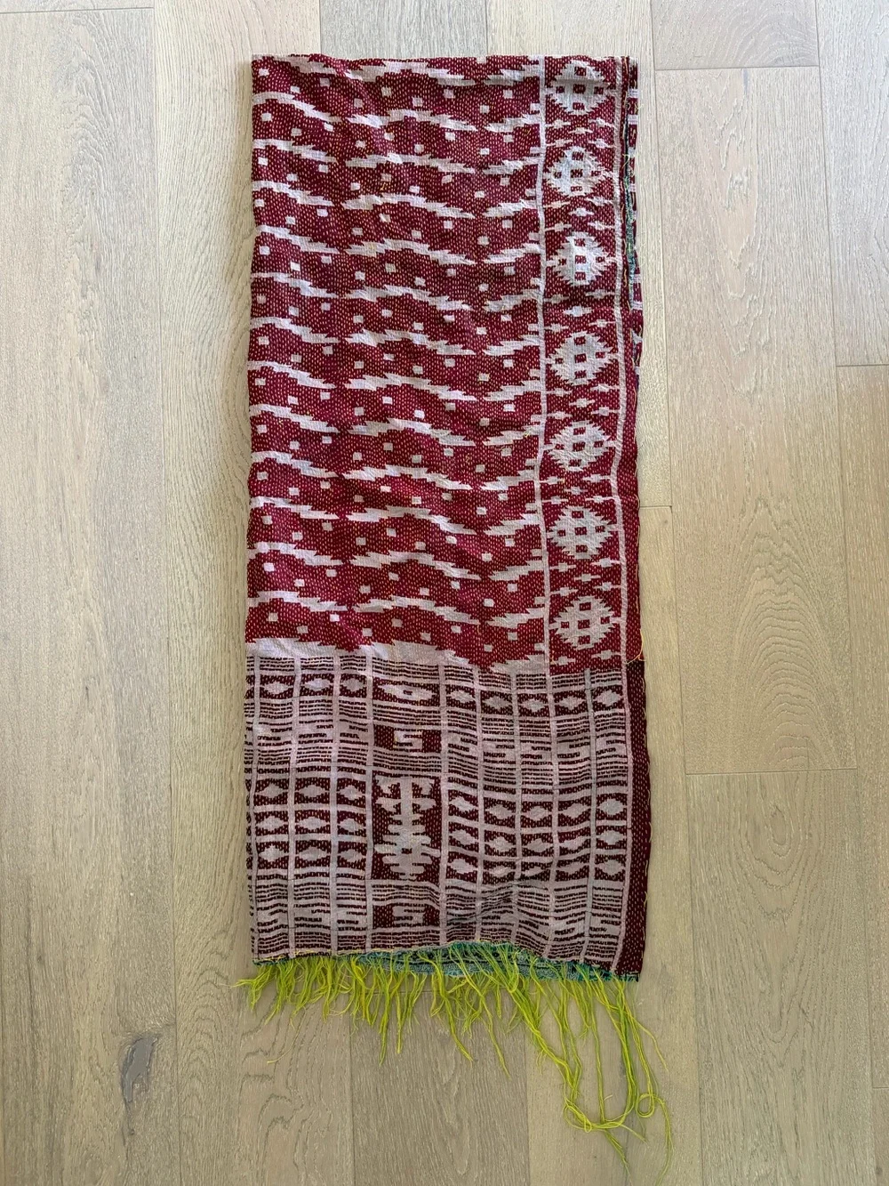 Found Object New York Reversible Silk Kantha Fringe Scarf Wrap Recycled Vintage